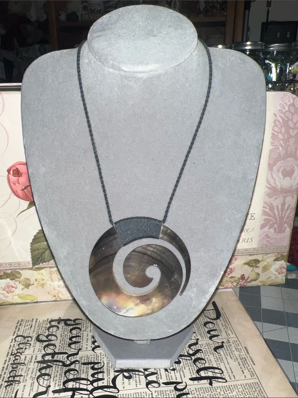 Iridescent Black abalone Shell Swirl adjustable Pendant Necklace